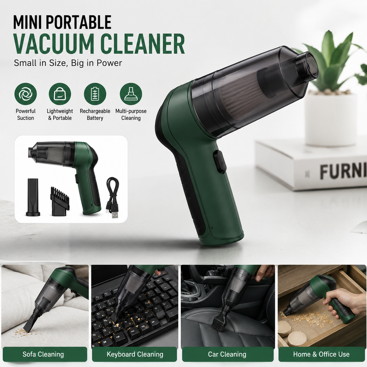 Mini Portable Vacuum Cleaner – Compact Cordless Handheld Dust Cleaner for Car, Home, Desk & Hard-to-Reach Areas